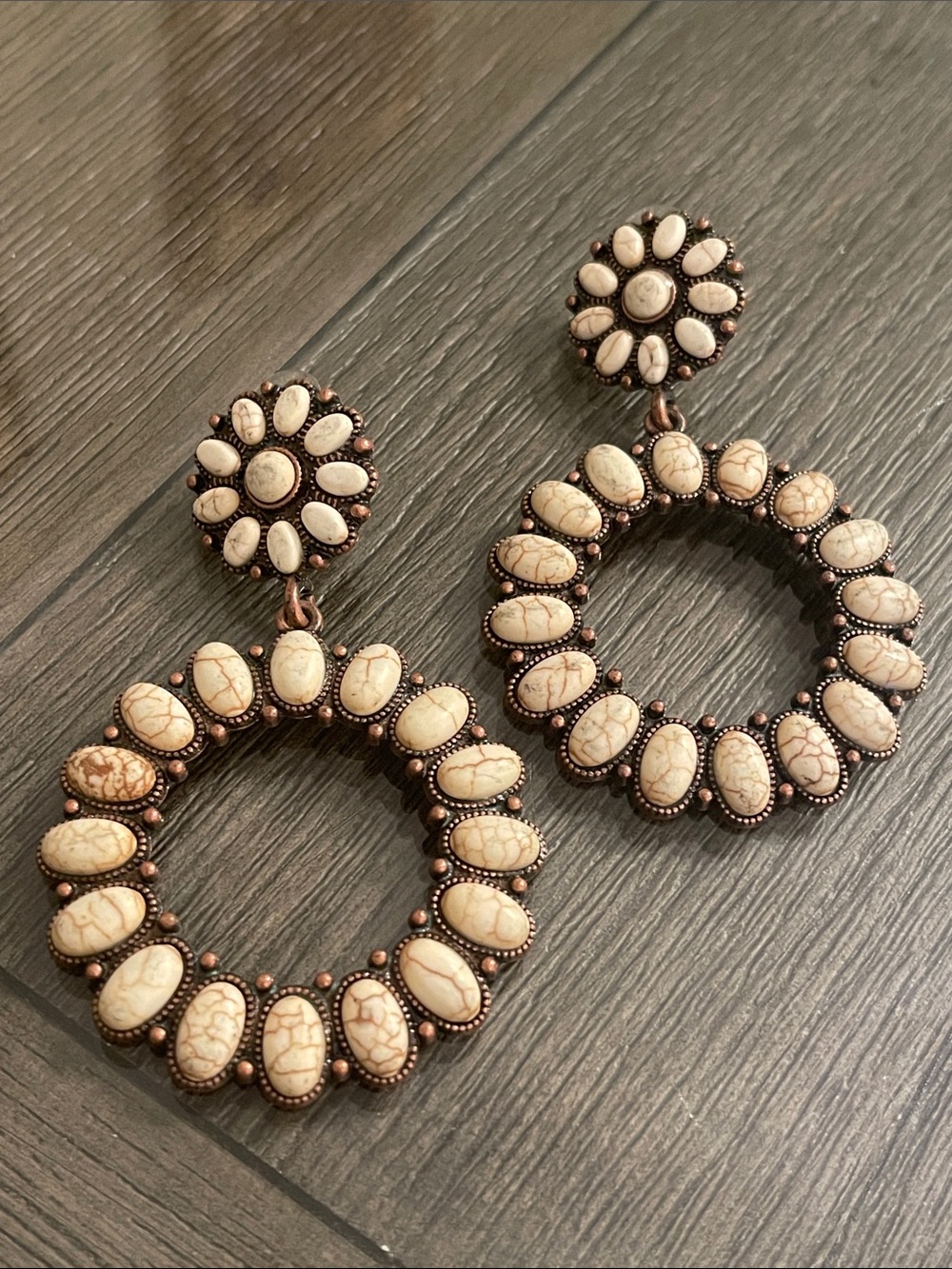 Festival Western Boho Off-White Howlite Copper Statement Drop Earrings - 3.25”